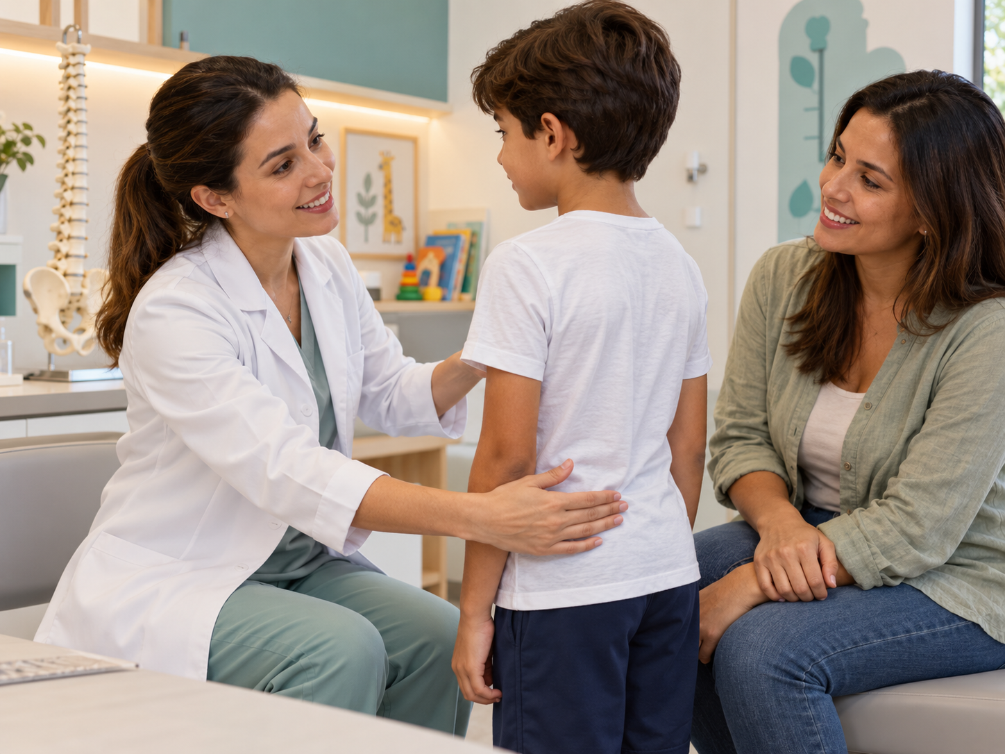 Foto ilustrativa de médica conversando com uma criança e sua responsável durante uma avaliação da postura.